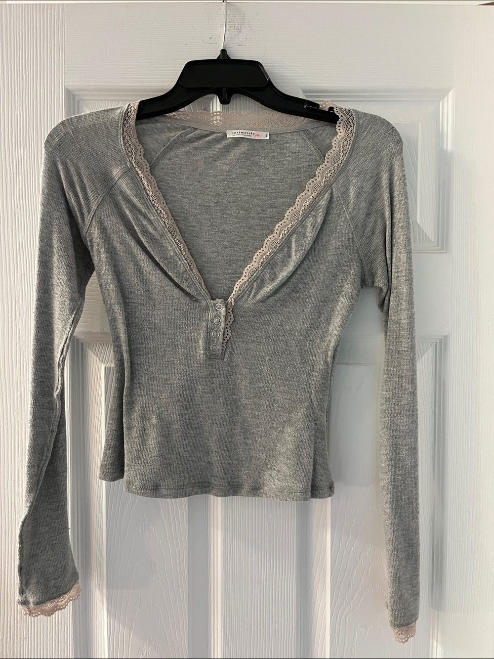 Free People Long Sleeve Henley Top in Heather Gray with Lace Trim